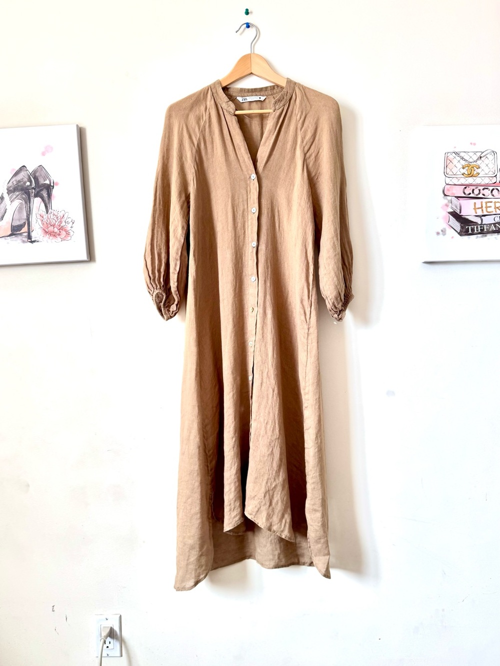 Zara Linen Tunic High-Low Button-Front Midi Dress Size XS